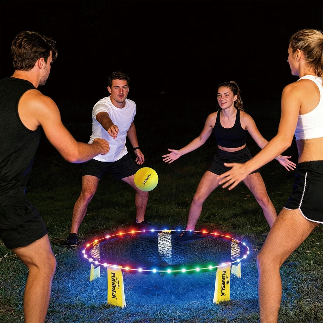 Roundnet Spiel Set 2026 – LED Leuchtversion, 2 Bälle, 7 Farben blinkend, einstellbare Netzspannung,
