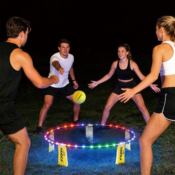 Roundnet Spiel Set 2026 – LED Leuchtversion, 2 Bälle, 7 Farben blinkend, einstellbare Netzspannung,