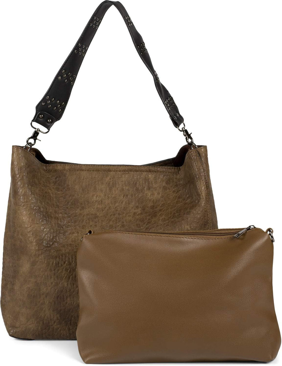 styleBREAKER Damen 2 in 1 Umhängetasche mit Nietengurt, geprägtes Kunstleder Vintage Look, Innentasc