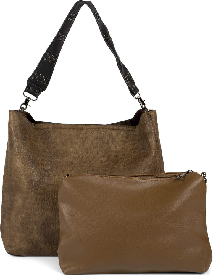 styleBREAKER Damen 2 in 1 Umhängetasche mit Nietengurt, geprägtes Kunstleder Vintage Look, Innentasc