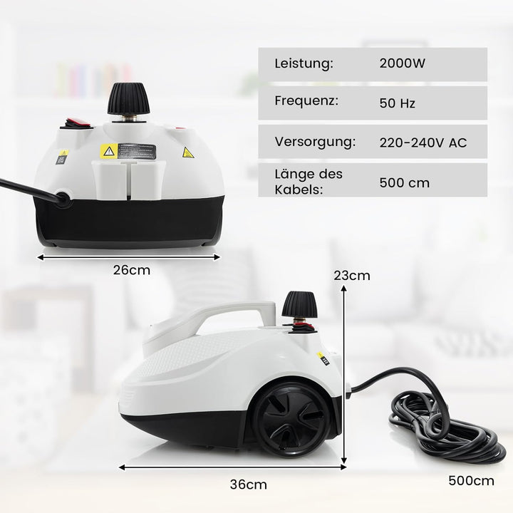 RELAX4LIFE Dampfreiniger 2000W, Dampfdruck: 5 bar, Flächenleistung: 108 m², Tank: 1,8 L, Aufheizzeit