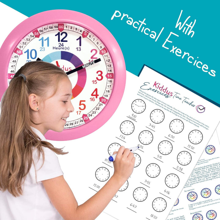 Kiddus Wanduhr für Kinder. Analoger Zeitlehrer mit Zeitlernübungen. Stilles Uhr. Viele Sprachen. Eng