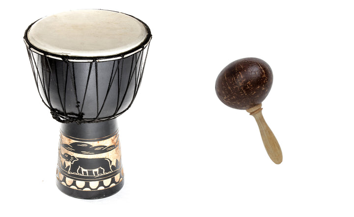 Grosse 60cm Djembe Holz Trommel Bongo Ziegenfell Elefant Schwarz + Kokos Rassel Maraca R2