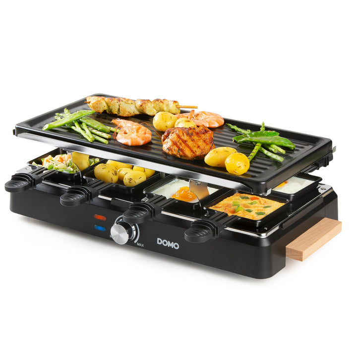 DOMO DO9262G Steingrill/Raclette-Grill - Wooden Design - Inklusive Raclettepfännchen und Holzspatel