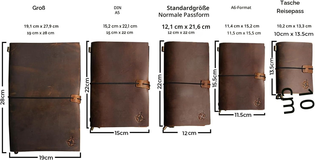 WANDERINGS Reisetagebuch A6 nachfüllbares Leder-Reisetagebuch, handgefertigtes echtes Leder - Klein