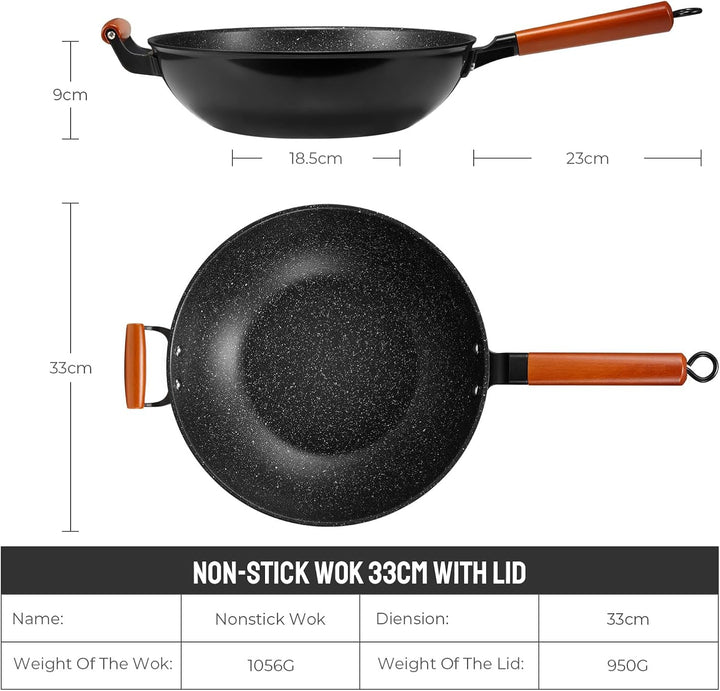 BEZIA Wokpfanne mit Deckel, Wokpfanne Induktion, Wok Pfanne 32 cm antihaftbeschichtet mit Holzgriff,