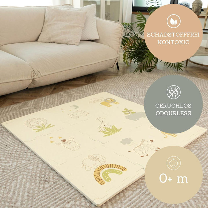 Hakuna Matte Stylische Puzzlematte Baby 0,9x0,9 m Safari Tiere – 9 Platten à 30x30cm – 20% dickere &