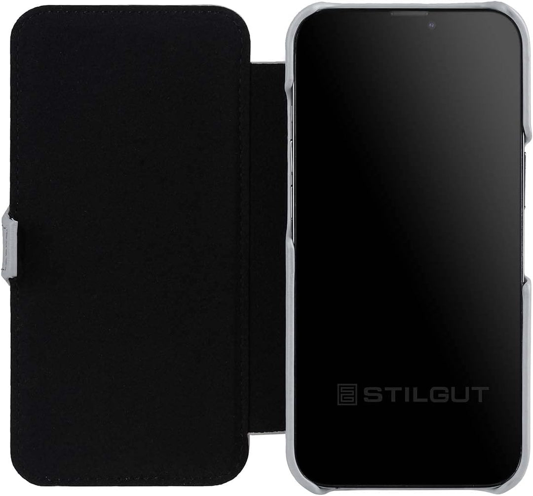 STILGUT Book Case kompatibel mit iPhone 13 (6.1“) Hülle aus Leder mit Clip-Verschluss, Klapphülle, H