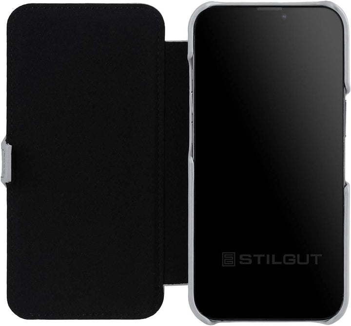 STILGUT Book Case kompatibel mit iPhone 13 (6.1“) Hülle aus Leder mit Clip-Verschluss, Klapphülle, H