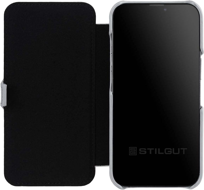 STILGUT Book Case kompatibel mit iPhone 13 (6.1“) Hülle aus Leder mit Clip-Verschluss, Klapphülle, H