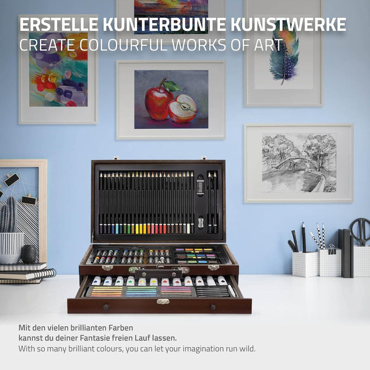 ECD Germany Zeichenset Malset 112 teilig, zum Zeichnen und Malen, Malkoffer aus Holz, für Kinder/Erw