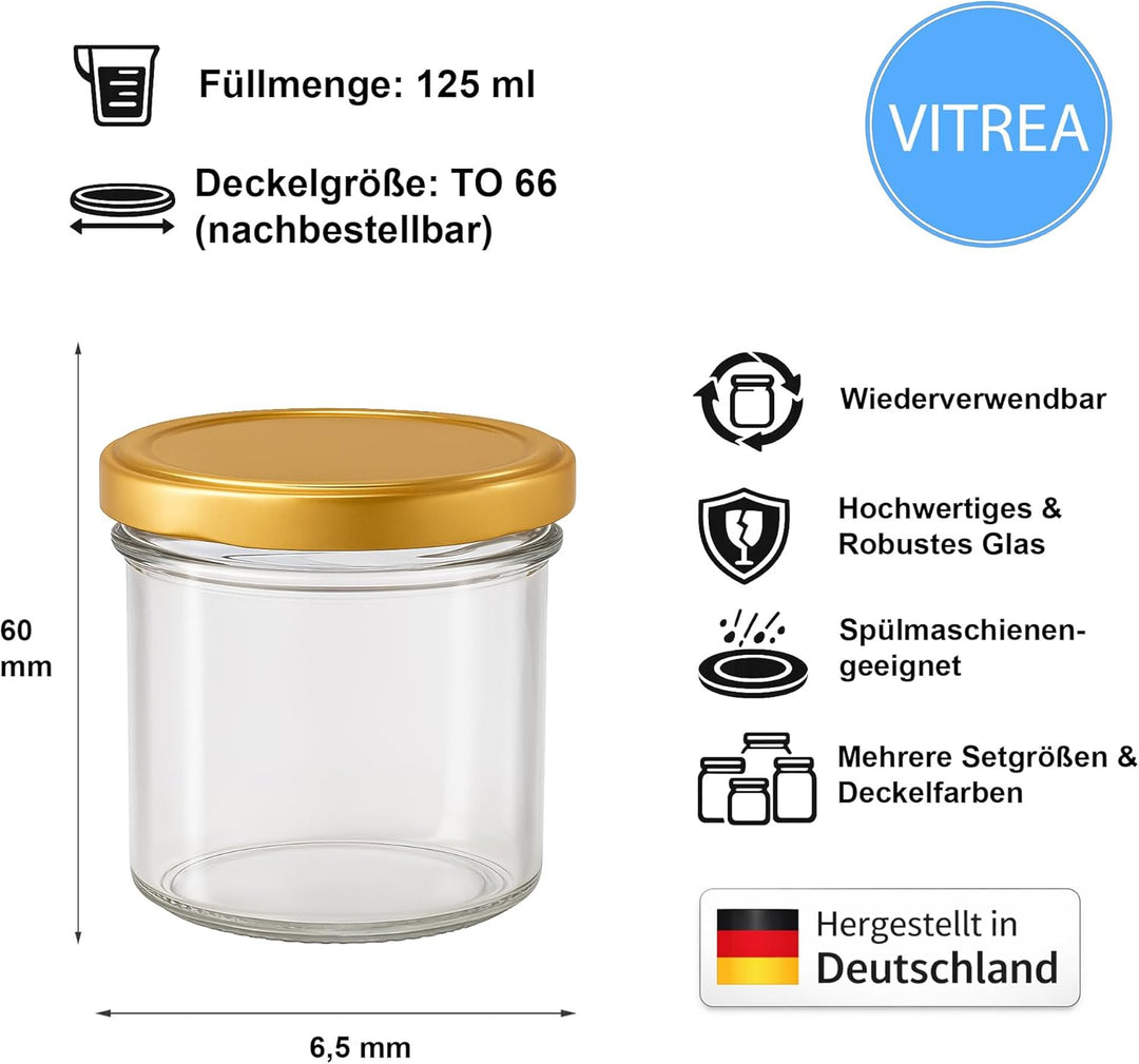 Vitrea 50x Marmeladengläser 125 ml - mit Deckel Gold TO 66 - Einmachgläser zum befüllen mit Schraubd