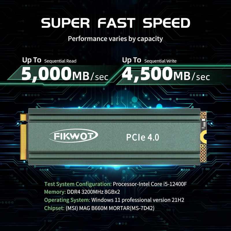 Fikwot FN960 4TB M.2 2280 PCIe Gen4 x4 NVMe 1.4 Internes Solid State Drive mit Kühlkörper – Bis zu 5