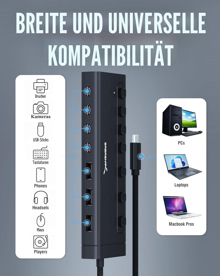 SABRENT USB C Hub 7 Port 48 W mit Schaltern (HB-3A4C) 7 Port 20w Typ C+A, 7 Port 20w Typ C+A