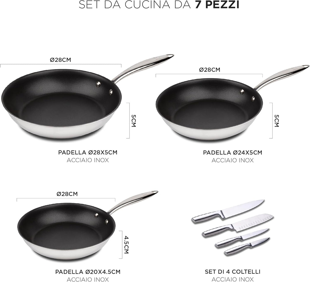 MasterPRO Argent 3 - Pfannen- und Messerset - Drei Hochleistungs-Edelstahlpfannen 28, 24 und 20 cm -