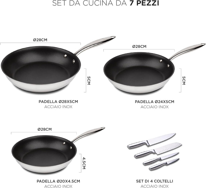 MasterPRO Argent 3 - Pfannen- und Messerset - Drei Hochleistungs-Edelstahlpfannen 28, 24 und 20 cm -