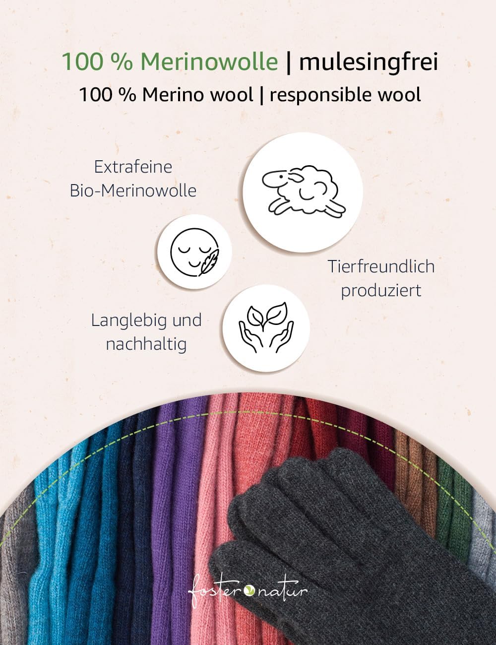 FosterNatur, Merino Damen Wollhandschuhe/Fingerhandschuhe, 100% Wolle Merino extrafein 7.5 Grau, 7.5