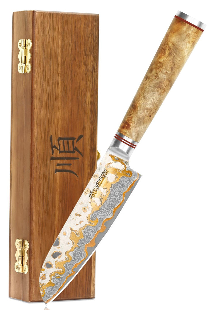 YOUSUNLONG Santoku-Messer 120mm - Handgefertigtes Japanisches Kochmesser mit KupferDamaszener Stahlk