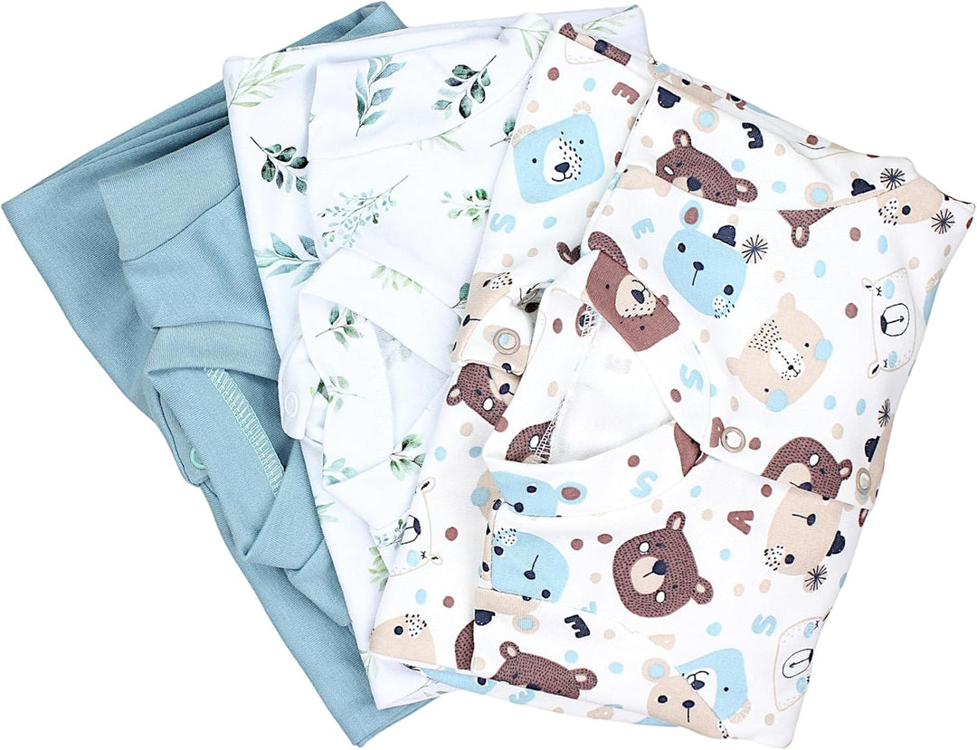 TupTam Baby Jungen Schlafstrampler Langarm Strampler Schlafanzug mit Fuss 3er Pack 50 Bärchen Blätte