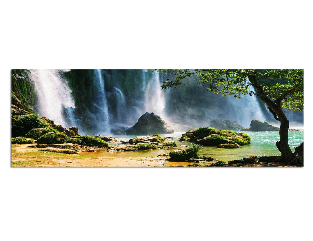 Paul Sinus Art Panoramabild auf Leinwand und Keilrahmen 150x50cm Vietnam Detain Wasserfall Wald Natu