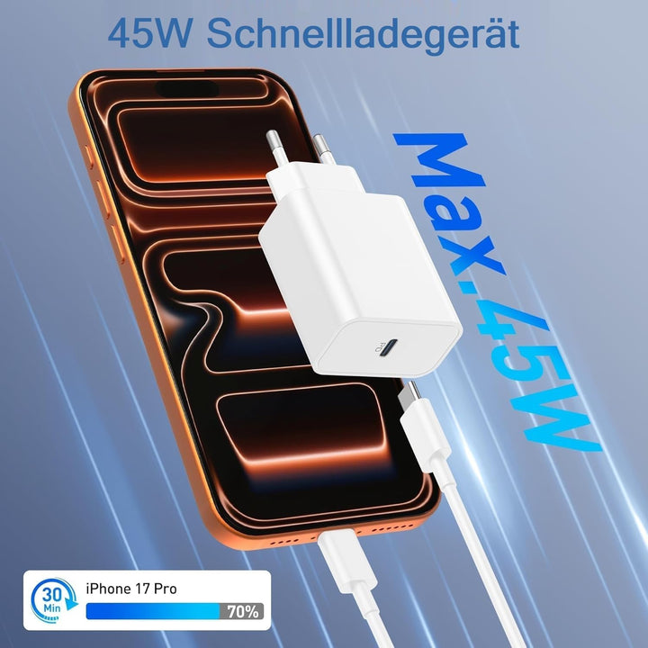 45W USB C Ladegerät mit Kabel [2M+3M], Typ C Schnellladegerät mit Ladekabel Lang für iPhone, Type C