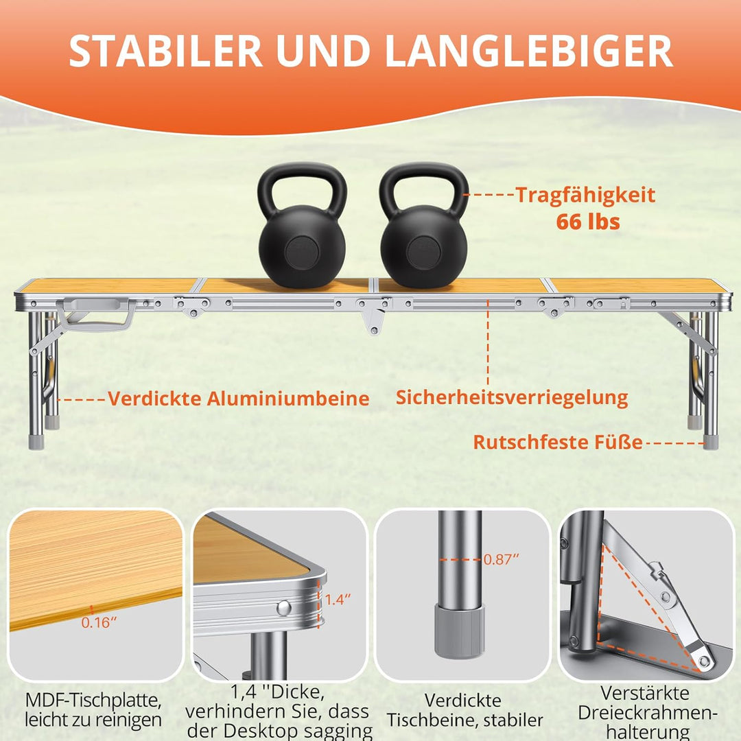 FUNYKICH Kleiner Klappbarer Campingtisch 116x40x26cm, Tragbar Picknicktisch mit dicker Aluminium Rah