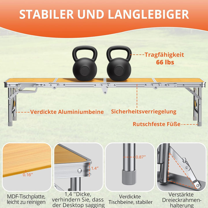 FUNYKICH Kleiner Klappbarer Campingtisch 116x40x26cm, Tragbar Picknicktisch mit dicker Aluminium Rah