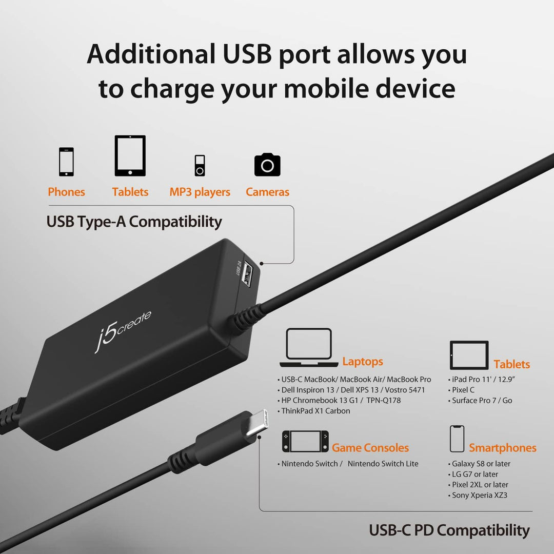 j5create USB Typ-c 100W PD Schnell-Ladegerät für MacBook Pro, Chromebook, Laptop, Notebook, Tablet,
