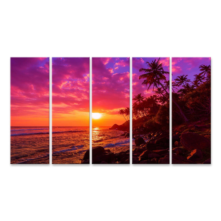 islandburner Bild auf Leinwand Sonnenuntergang Am Tropischen Strand Mit Palmen Silhouetten Bilder Wa