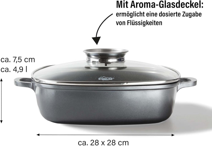 STONELINE Servierpfanne Eckig 28 cm, Eckige Pfanne Induktion mit Deckel, Aroma Funktion, Aluguss, An
