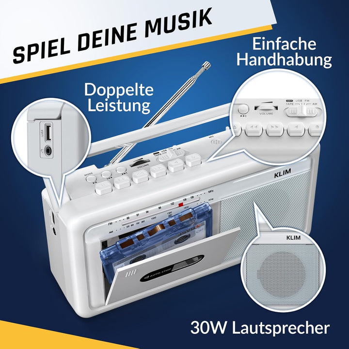 KLIM Tragbare Kassettenspieler Boombox, AM/FM Radio, Bluetooth Radio, Cassette Player & Kassettenrec
