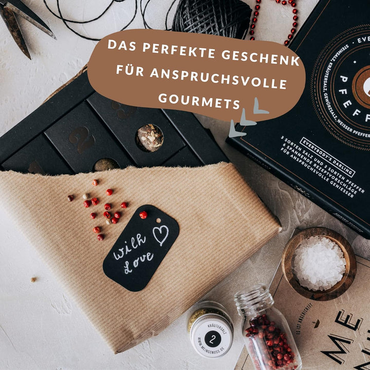 MEIN GENUSS Gewürzset Salz und Pfeffer – Salz und Pfeffer Probier-Set – Geschenk für Kochanfänger un
