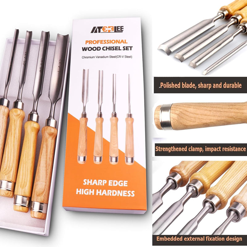 ATOPLEE 4 Stück Stechbeitel Set für Holz,Holz Meissel Werkzeug Schreiner Hohlbeitel CR-V Stahl halbk