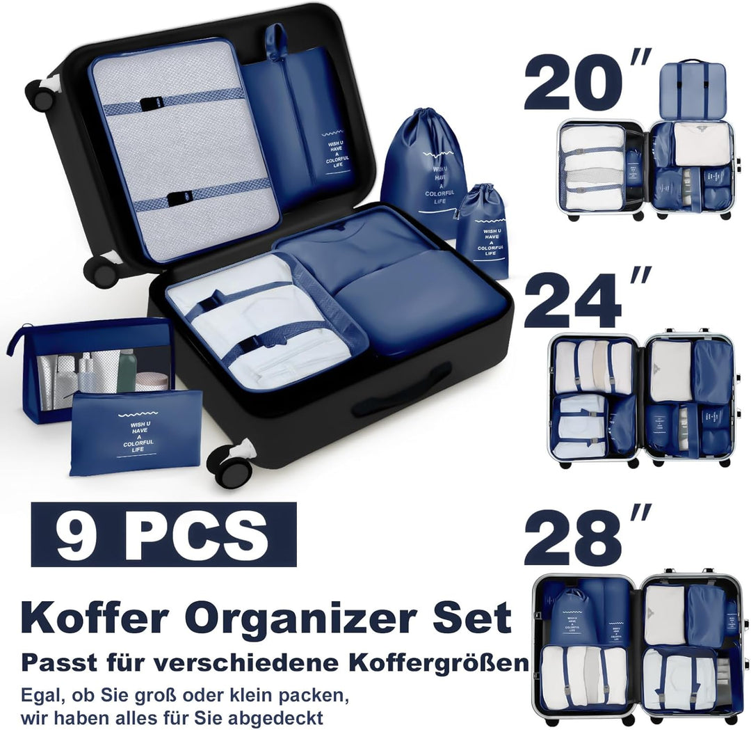 Koffer Organizer Set, 9 Pcs Packing Cubes für Reise, Packtaschen für Koffer Reise Kleidertaschen, Ve