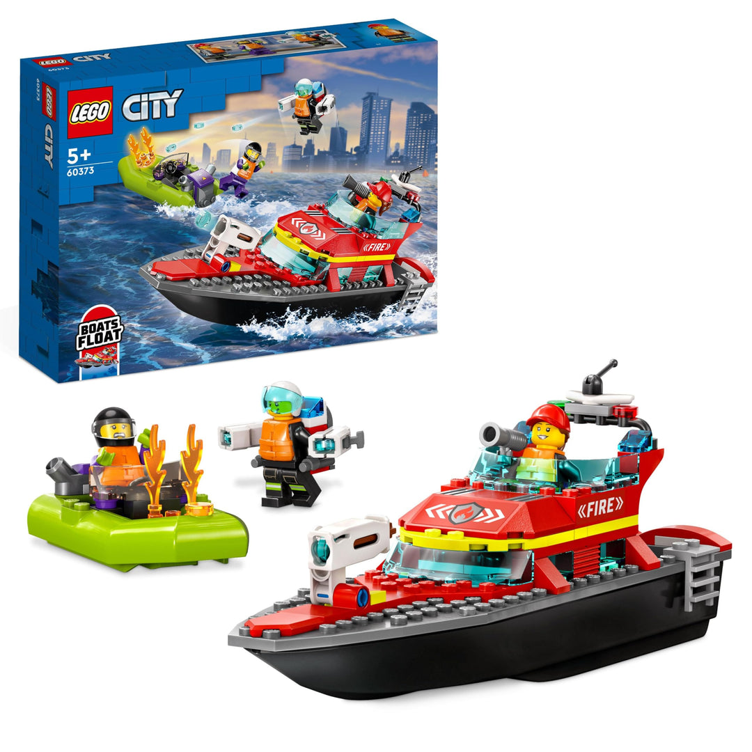 LEGO 60373 City Feuerwehrboot, Spielzeug, das im Wasser schwimmt, mit Rennboot, 3 Minifiguren und Je