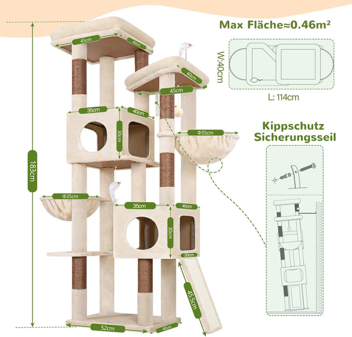 Globlazer Kratzbaum Stabil hoch 182 cm mit 2 Grosse Gepolsterte Plattformen, 2 Katzenhaus, 2 Korb, S