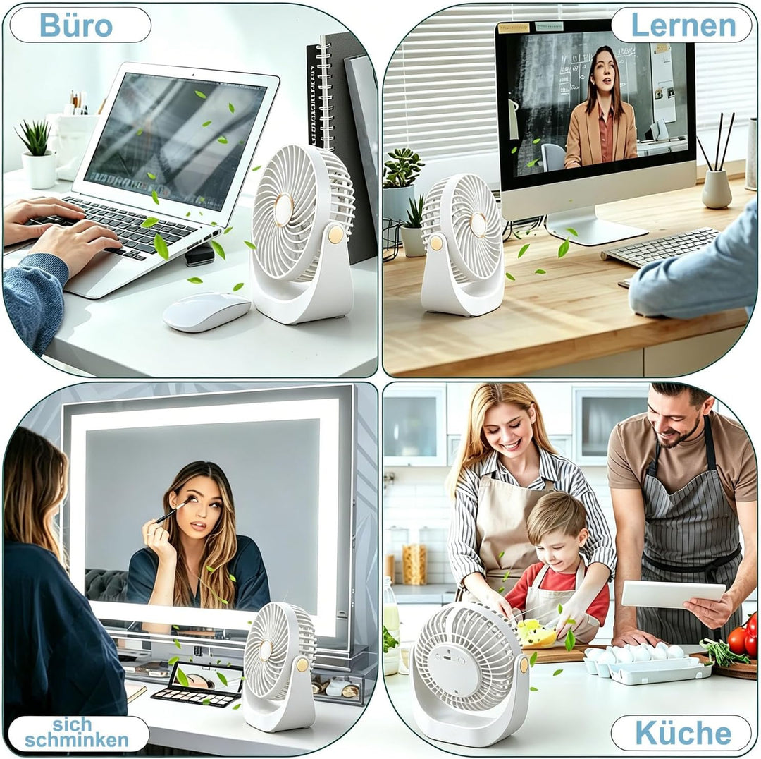 Schreibtischventilator mit Nachtlicht, tragbarer, leiser Ventilator mit USB-Akku, 360° drehbar, 5 Ge
