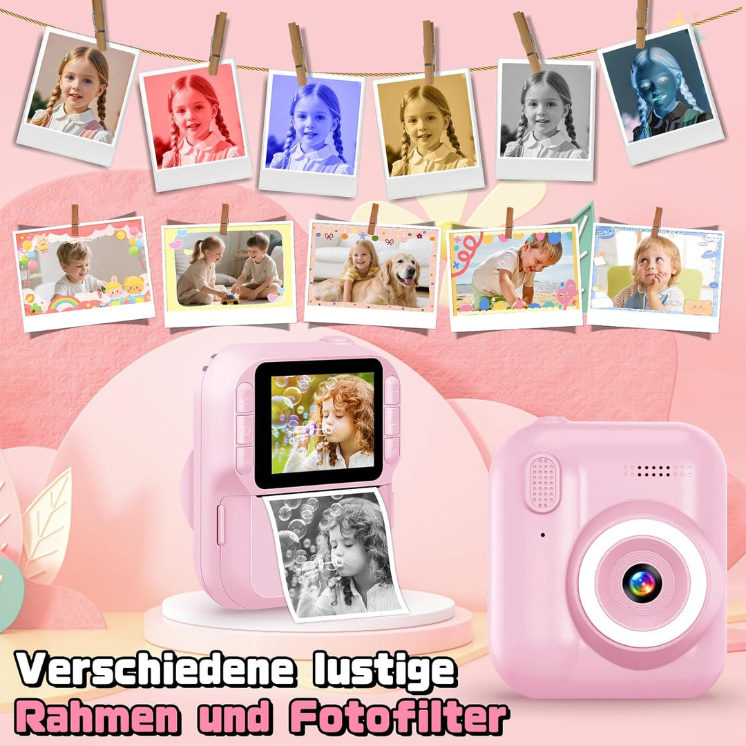 Kinderkamera Sofortbildkamera, 1080P Sofortbildkamera Kinder mit 32GB Karte & 3 Rollen Druckpapier,