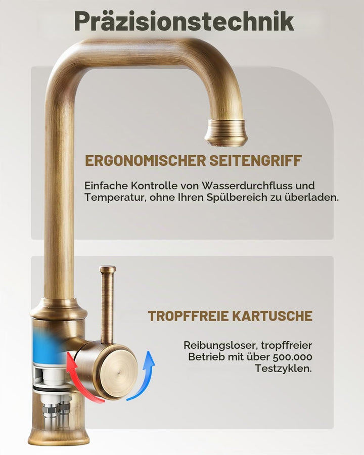 Küchenarmatur, Wasserhahn Küche, mit 360 ° Drehbare Hohem Auslauf, Antikes Messing, Antikes Messing