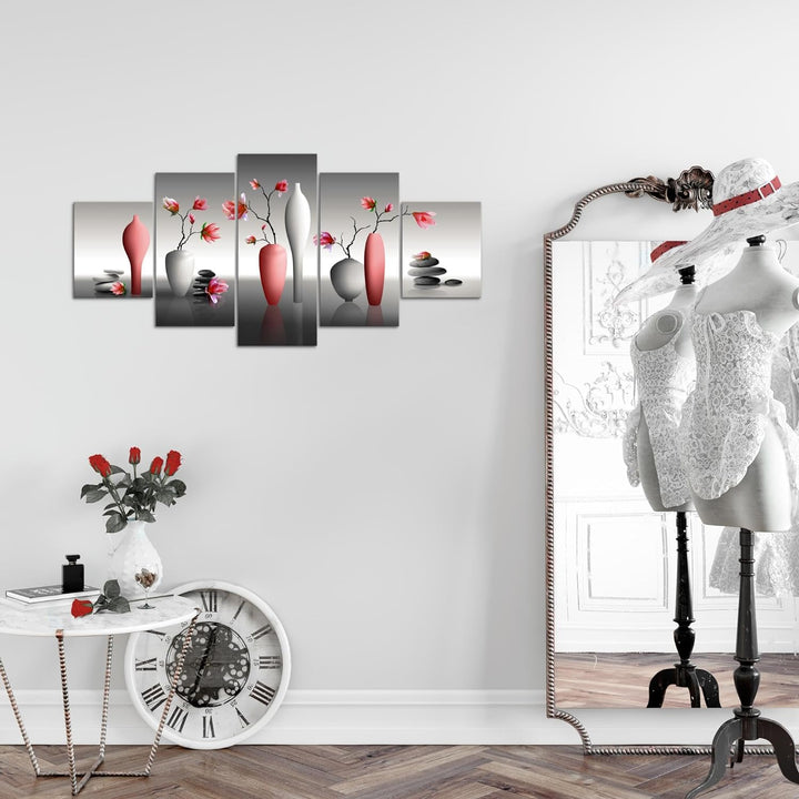 Runa Art Wandbilder Blumen Magnolien 5 Teilig Bild auf Vlies Leinwand Deko Wohnzimmer Spa Rot Grau 0