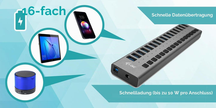 i-tec USB 3.0 Charging HUB 16-Port mit Externem Netzadapter 90W - 16x USB Ladeport Single, Single