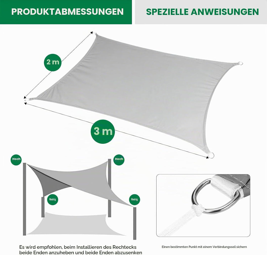 Sonnensegel, Rechteck 2×3 m, 420D Oxford Stoff, wasserdicht, UV-Schutz 2M*3M Grau 2M*3M, 2M*3M Grau