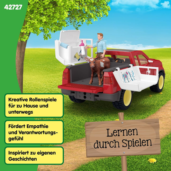 schleich FARM WORLD | Tierarzteinsatz auf dem Bauernhof 42727 | Set inkl. Pick-up, Tierarzt, Kuh & Z