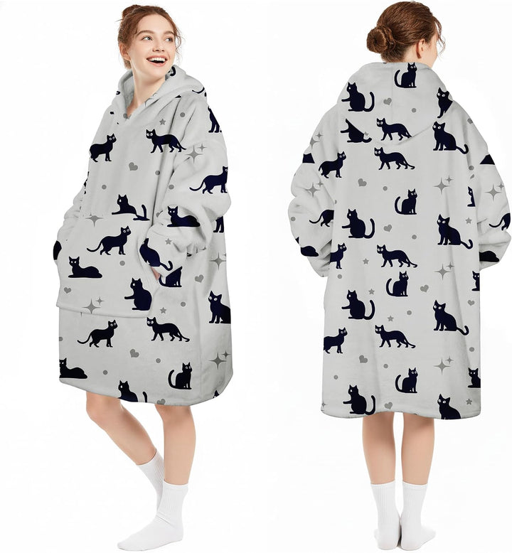 Hoodie Decke Oversize Katze Grau mit Ärmeln Kuscheldecke Deckenpullover für Damen Herren, Tragbare D