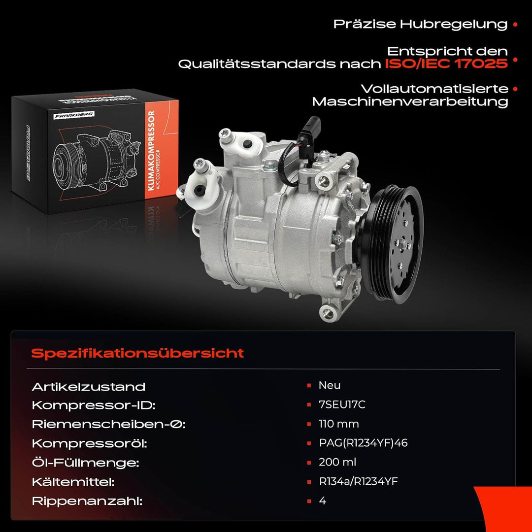 Frankberg Klimakompressor Klimaanlage Kompatibel mit A4 8E2 B6 1.9L 2000-2003 A4 Avant 1.9L 8E5 B6 2