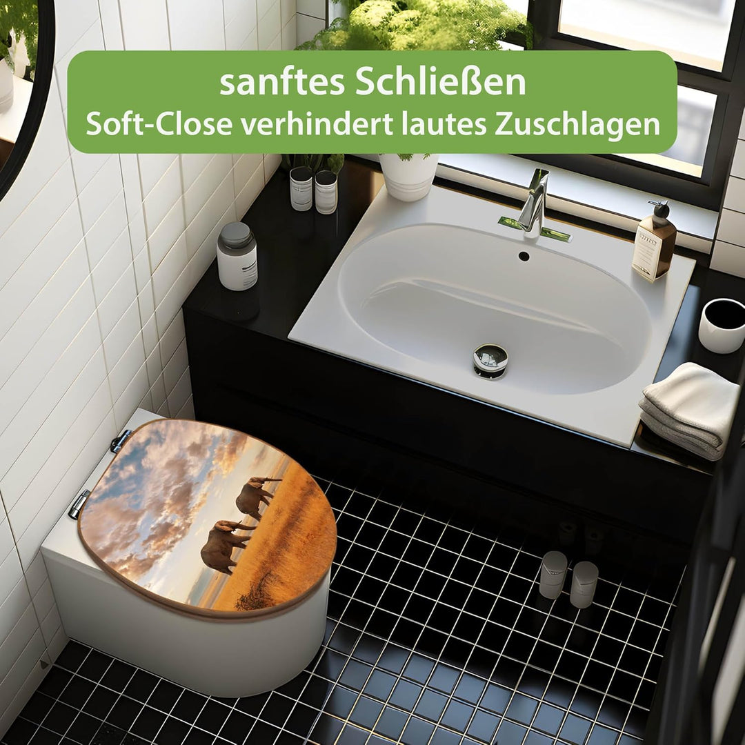 banjado® Design WC Sitz Bambus Absenkautomatik mit Motiv Elefanten/Toilettendeckel mit Absenkautomat