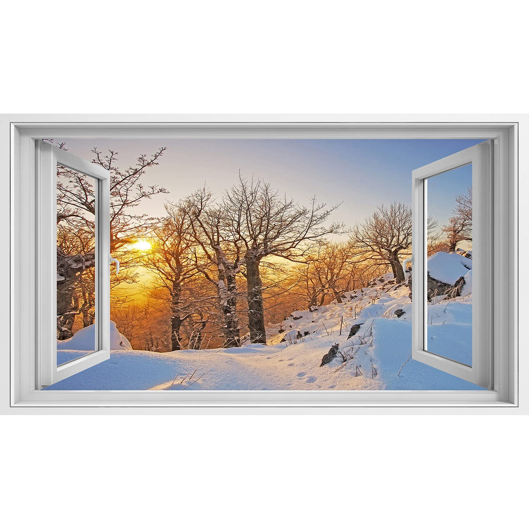 islandburner Bild auf Leinwand Fensterblick Winter im Wald bei Sonnenuntergang Sagenhafter Effekt Wa