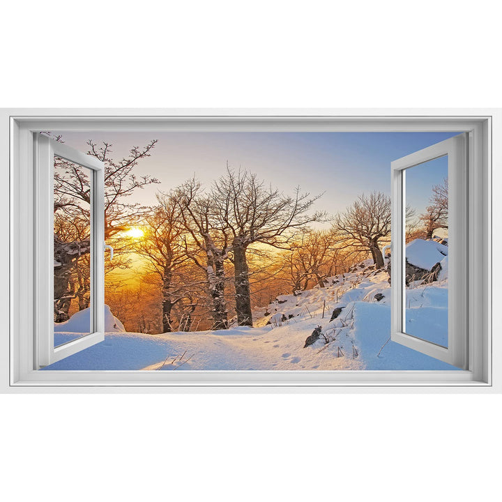 islandburner Bild auf Leinwand Fensterblick Winter im Wald bei Sonnenuntergang Sagenhafter Effekt Wa