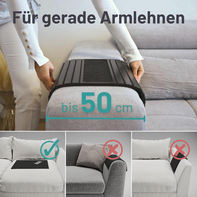 D&D Living® Sofatablett - Couch Ablage flexibel für Armlehne mit Anti-Rutsch Kork Pad | Tablett für