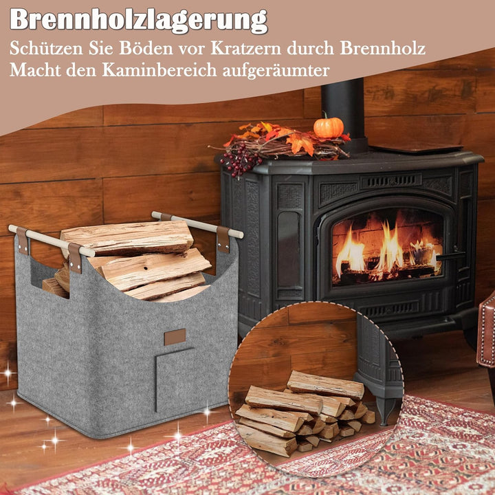 Aufun 4x Holzkorb für Kaminholz, XXL Faltbarer Brennholzkorb Filzkorb extra dicker Filz und verstärk